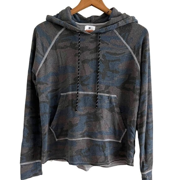 Sundry Gray Blue Camo top XS Soft Cropped Drawstring Pullover Lounge Hoodie - Picture 1 of 12